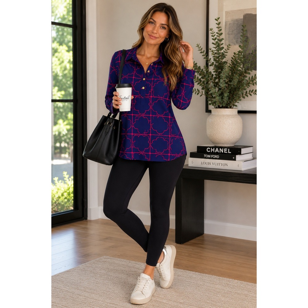 Jude Connally Navy Pink Geometric Clover Tunic Top Long Sleeve Jude Cloth Large